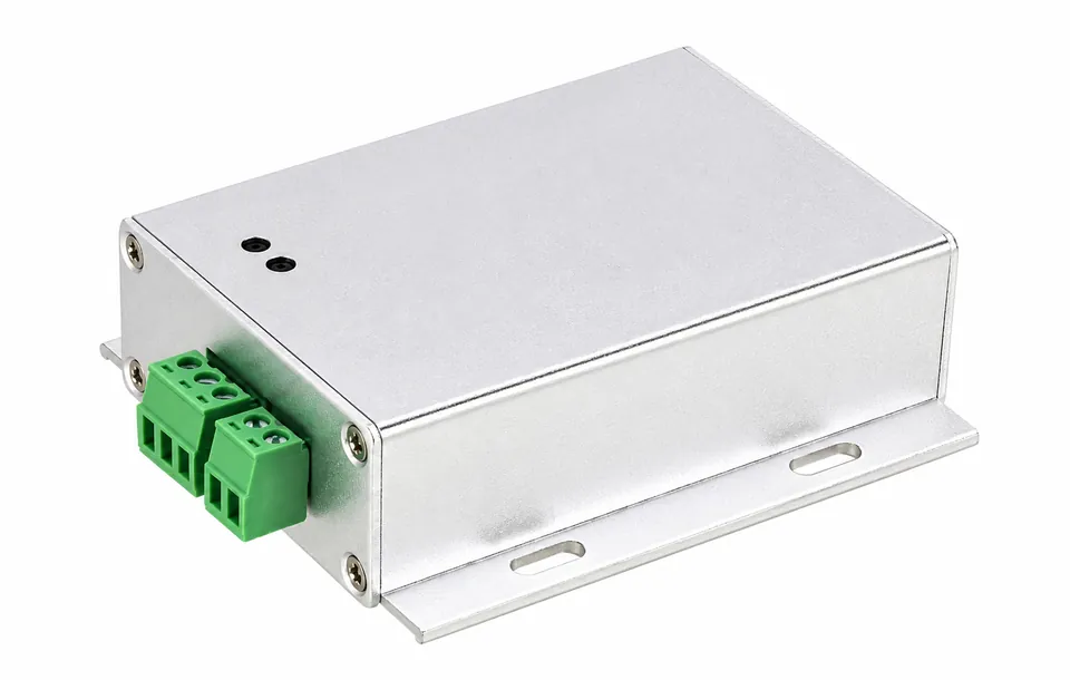 compact load cell analog transmitter silver metal flanged case left green terminal oblique view